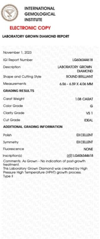 IGI Lab Grown 1.08cts G/VS1
