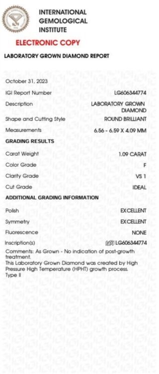 IGI Lab Grown 1.09cts F/VS1