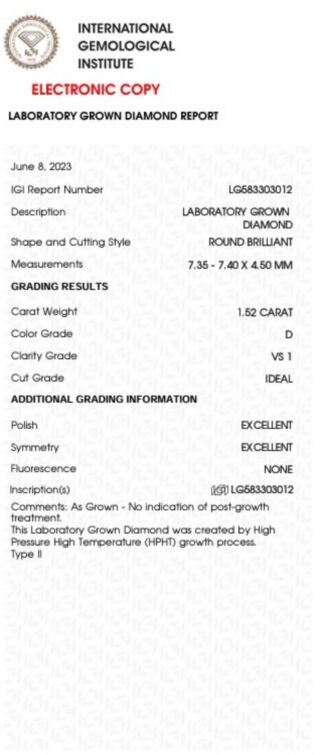 IGI Lab Grown 1.52cts D/VS1