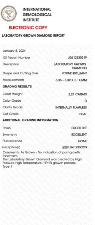 IGI Lab Grown 2.21cts D/IF